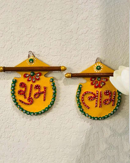 Artistic Yellow Wooden Shubh & Labh | 4.5 x 5.5 inches