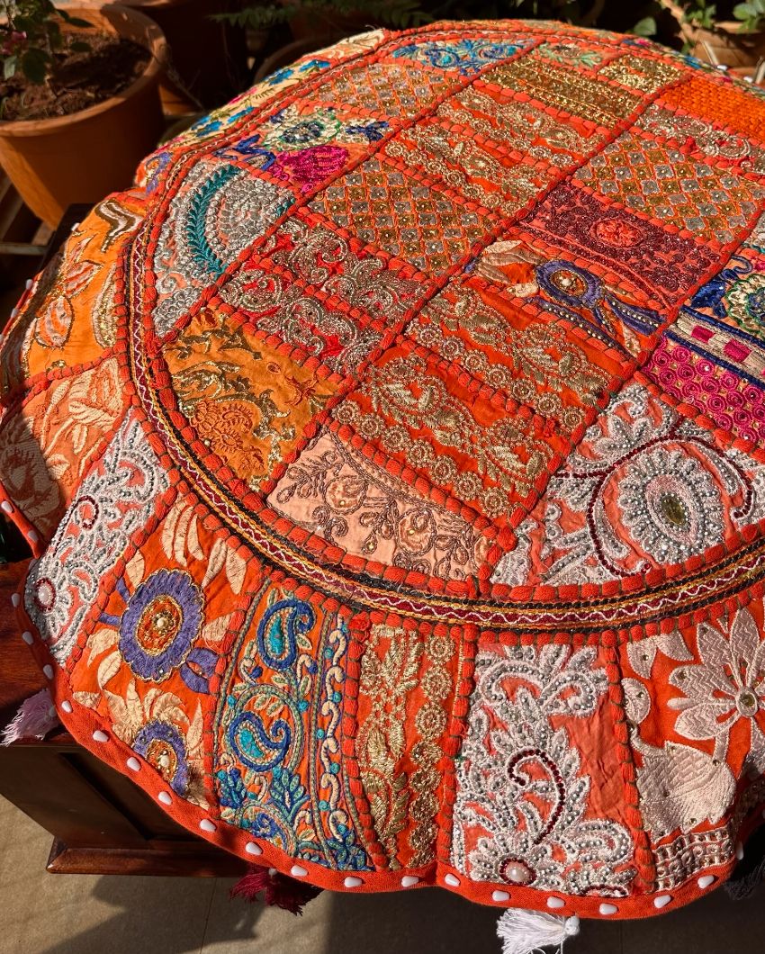 Vibrant Orange Patchwork Pouf Cover | 31.5  inches