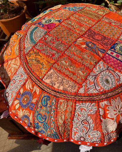 Vibrant Orange Patchwork Pouf Cover | 31.5  inches