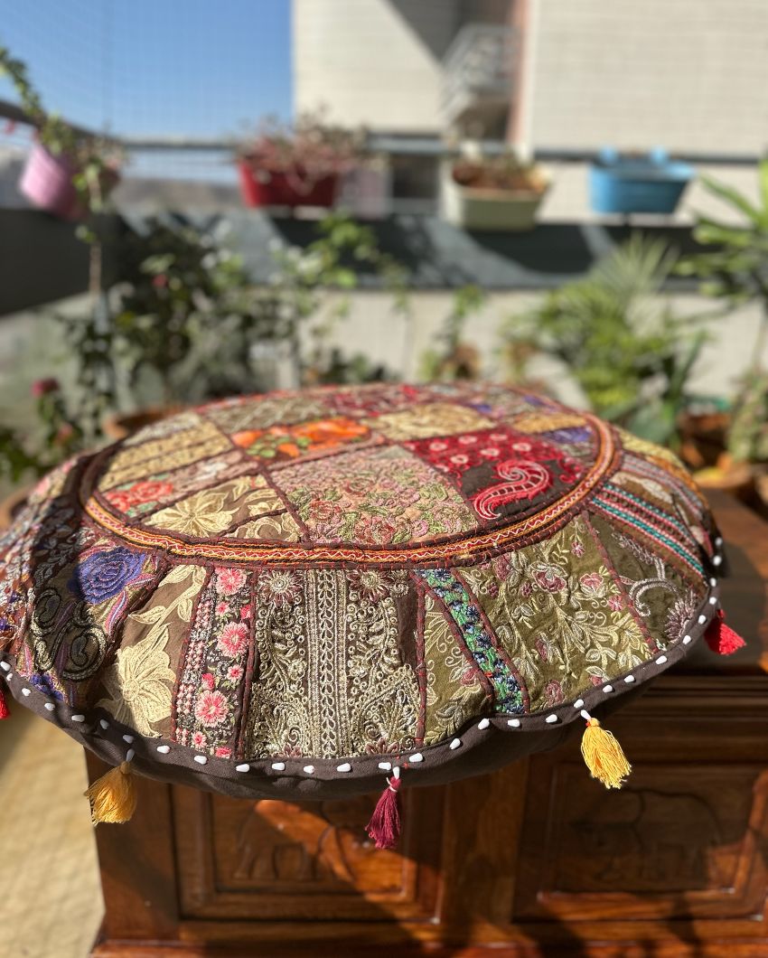 Handmade Brown Patchwork Pouf Cover | 34 inches