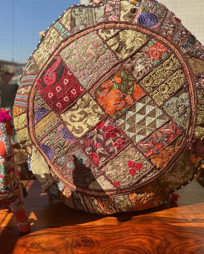 Handmade Brown Patchwork Pouf Cover | 34 inches