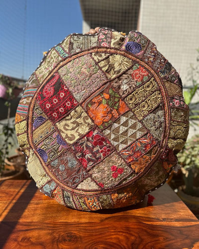 Handmade Brown Patchwork Pouf Cover | 34 inches