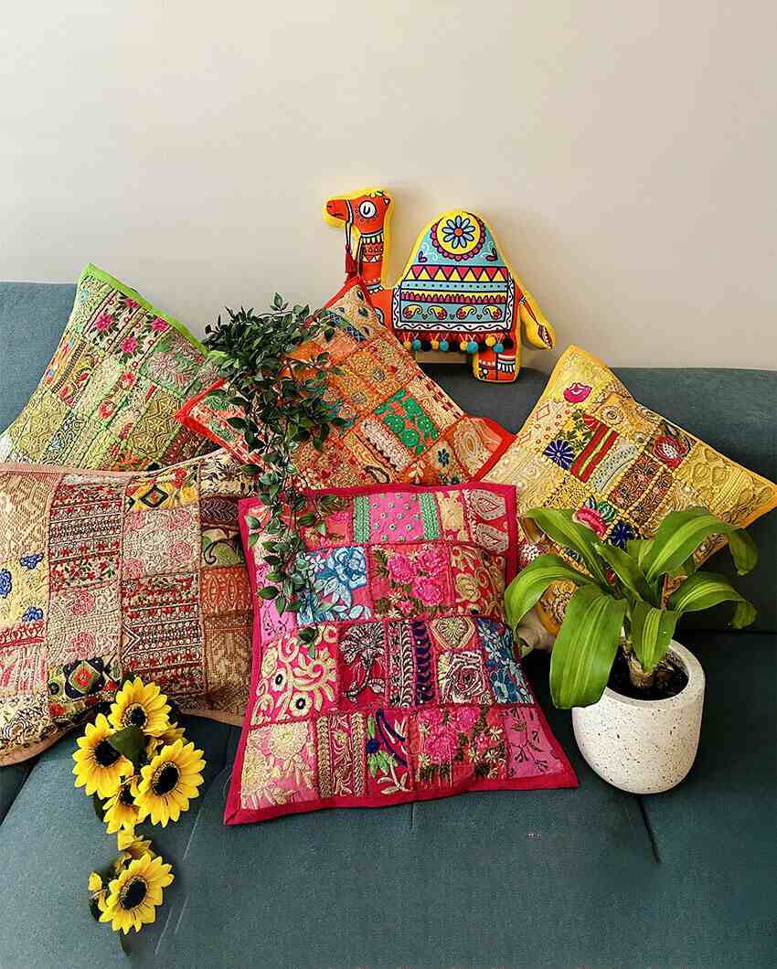 Patchwork Cotton Cushion Covers | Set Of 5 | 16 x 16 inches