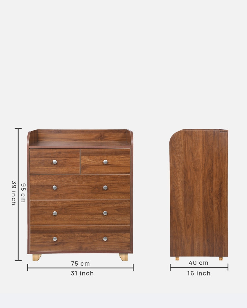 Elegant Columbian Walnut Finish High-Density Engineered Mocha Wooden Chest Drawer with Hardware Kit | 31 x 16 x 39 inches