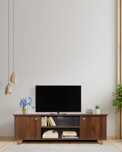 Sleek Columbian Walnut Finish High-Density Engineered Mocha Wooden TV Unit with Hardware Kit | 57 x 16 x 22 inches