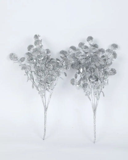 Artificial Beautiful Glitter Leaves Bunches For Home Decoration | Set Of 2 | 14 Inches Silver