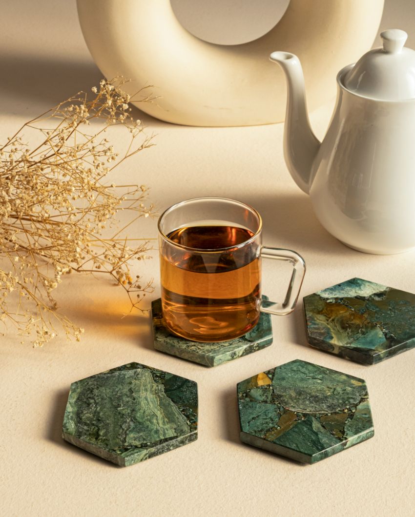 Moss Agate Hexagon Coaster | Set Of 2 | 3.5 x 3.5 inches