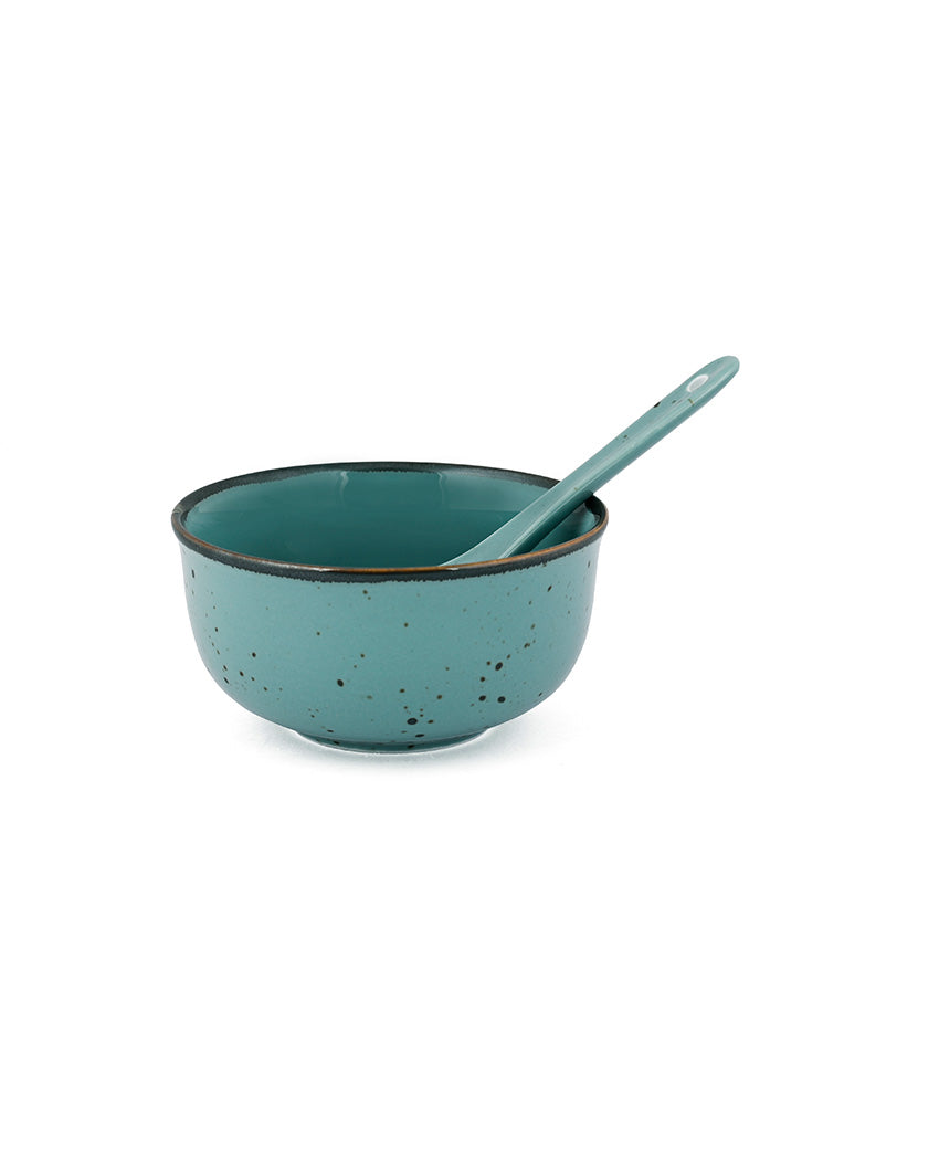 Glossy Green Forest Porcelain Soup Bowls & Spoons | Set of 6