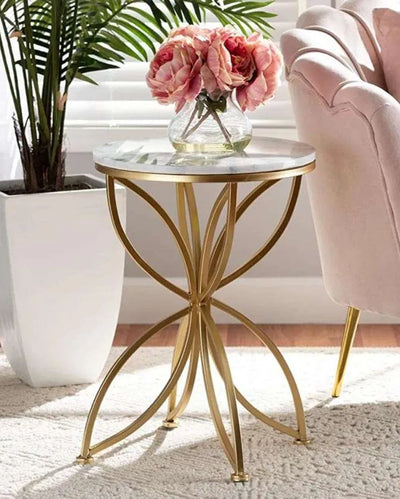 Golden Flower Iron Side Table With Marble Top | 14 x 14 x 22 inches