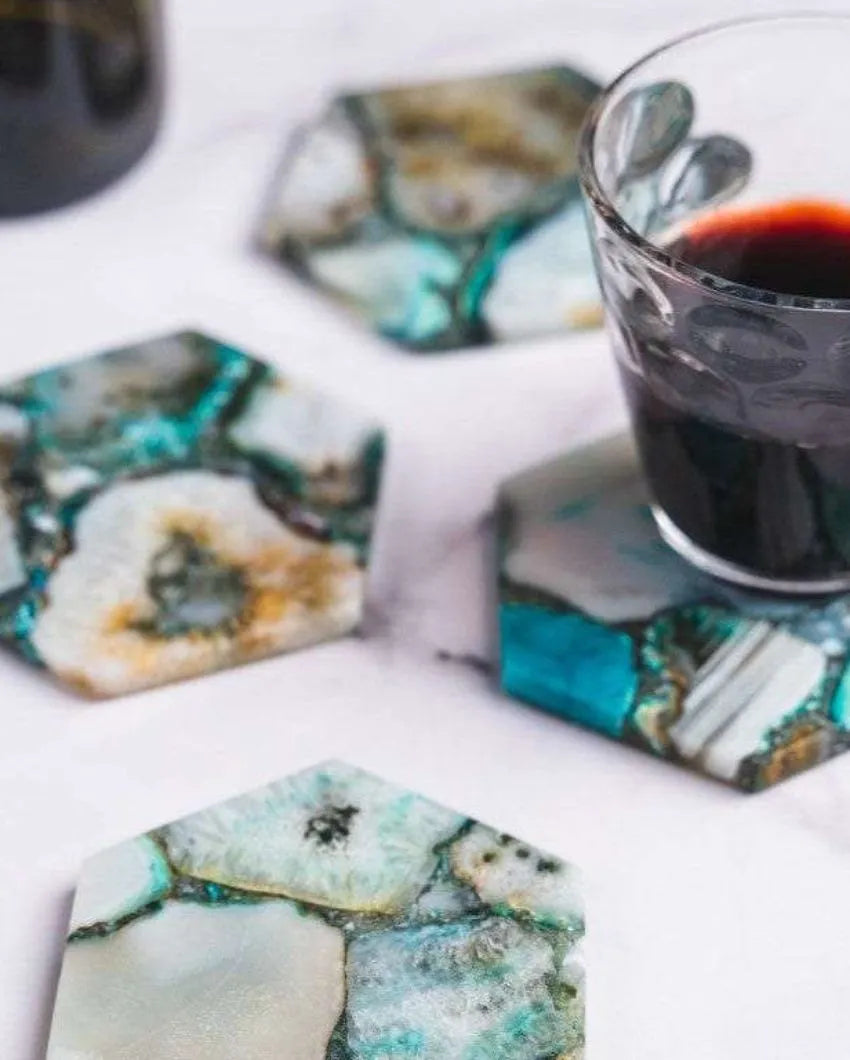 Green Agate Hexagon Stone Coaster | Set of 4