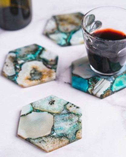 Green Agate Hexagon Stone Coaster | Set of 4