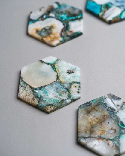 Green Agate Hexagon Stone Coaster | Set of 4