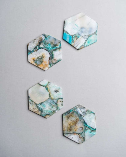 Green Agate Hexagon Stone Coaster | Set of 4