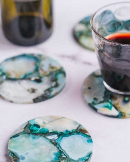 Green Agate Round Stone Coaster | Set of 4