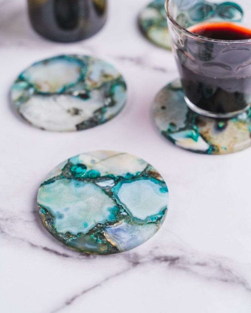 Green Agate Round Stone Coaster | Set of 4