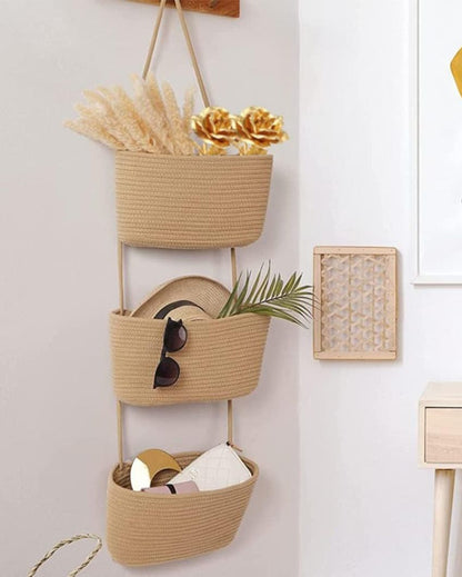 Beige Organize in Style 3-Tier Hanging Cotton Storage Basket | 45 inches