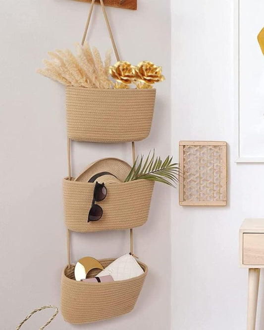 Beige Organize in Style 3-Tier Hanging Cotton Storage Basket | 45 inches