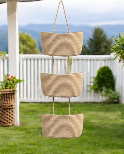 Beige Organize in Style 3-Tier Hanging Cotton Storage Basket | 45 inches