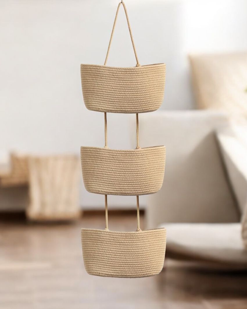 Beige Organize in Style 3-Tier Hanging Cotton Storage Basket | 45 inches