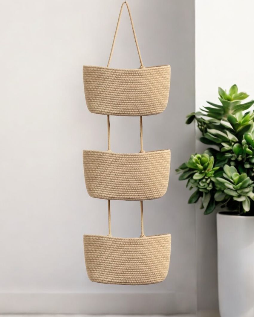 Beige Organize in Style 3-Tier Hanging Cotton Storage Basket | 45 inches