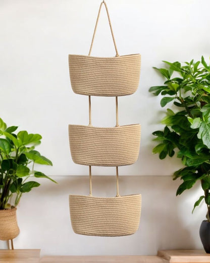 Beige Organize in Style 3-Tier Hanging Cotton Storage Basket | 45 inches