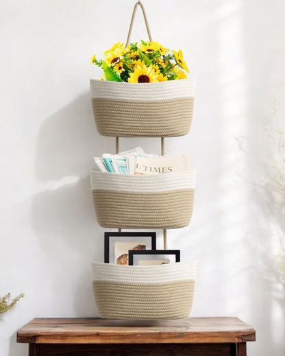 Modern Organizing 3-Tier Dual Color Hanging Cotton Storage Basket | 45 inches