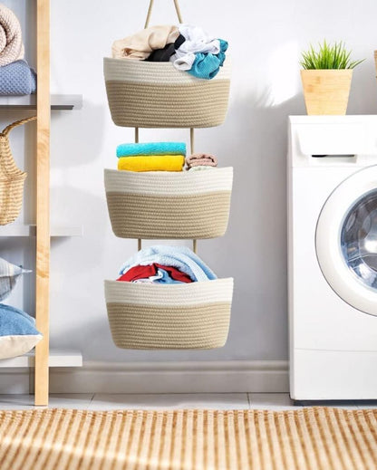 Modern Organizing 3-Tier Dual Color Hanging Cotton Storage Basket | 45 inches