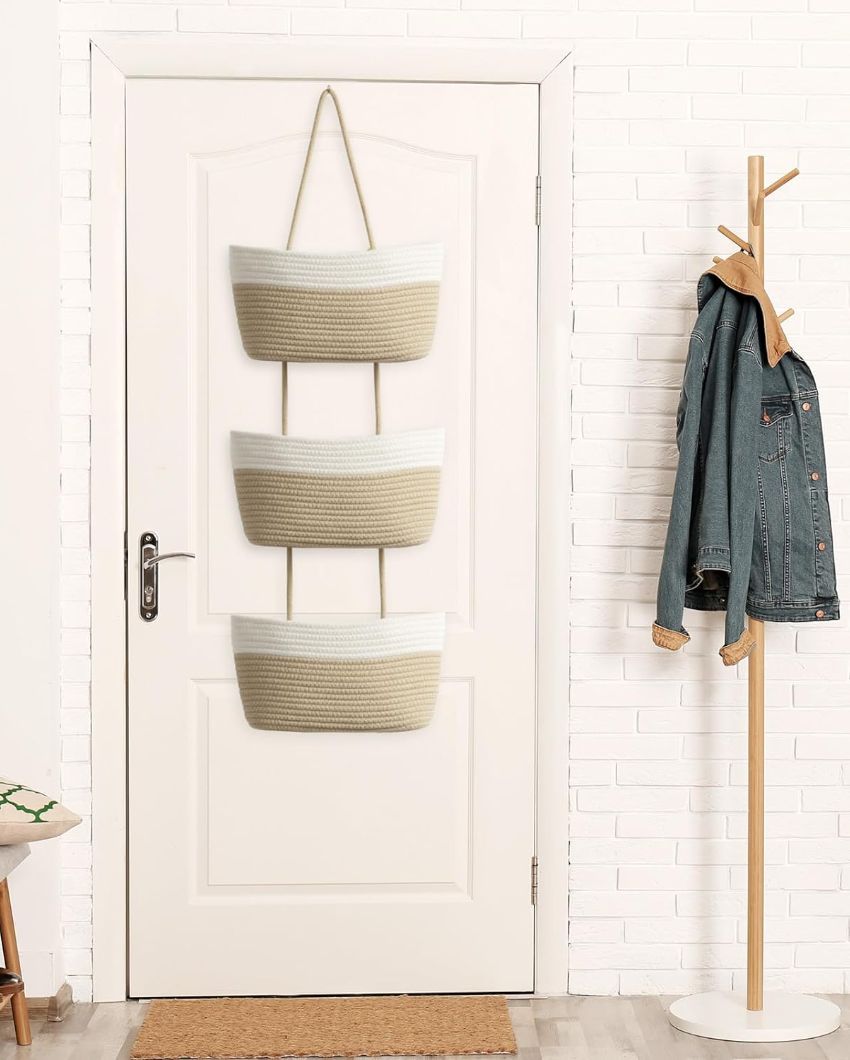 Modern Organizing 3-Tier Dual Color Hanging Cotton Storage Basket | 45 inches