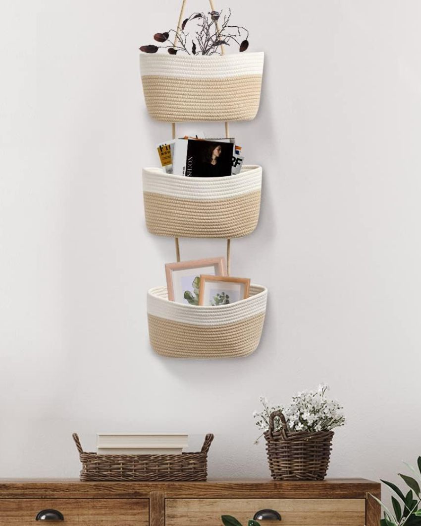 Modern Organizing 3-Tier Dual Color Hanging Cotton Storage Basket | 45 inches