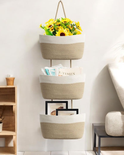 Modern Organizing 3-Tier Dual Color Hanging Cotton Storage Basket | 45 inches