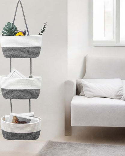 Vibrant and Practical 3-Tier Dual Color Hanging Cotton Storage Basket | 45 inches