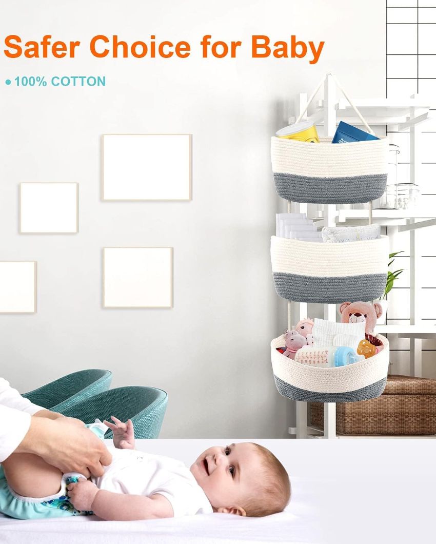 Vibrant and Practical 3-Tier Dual Color Hanging Cotton Storage Basket | 45 inches