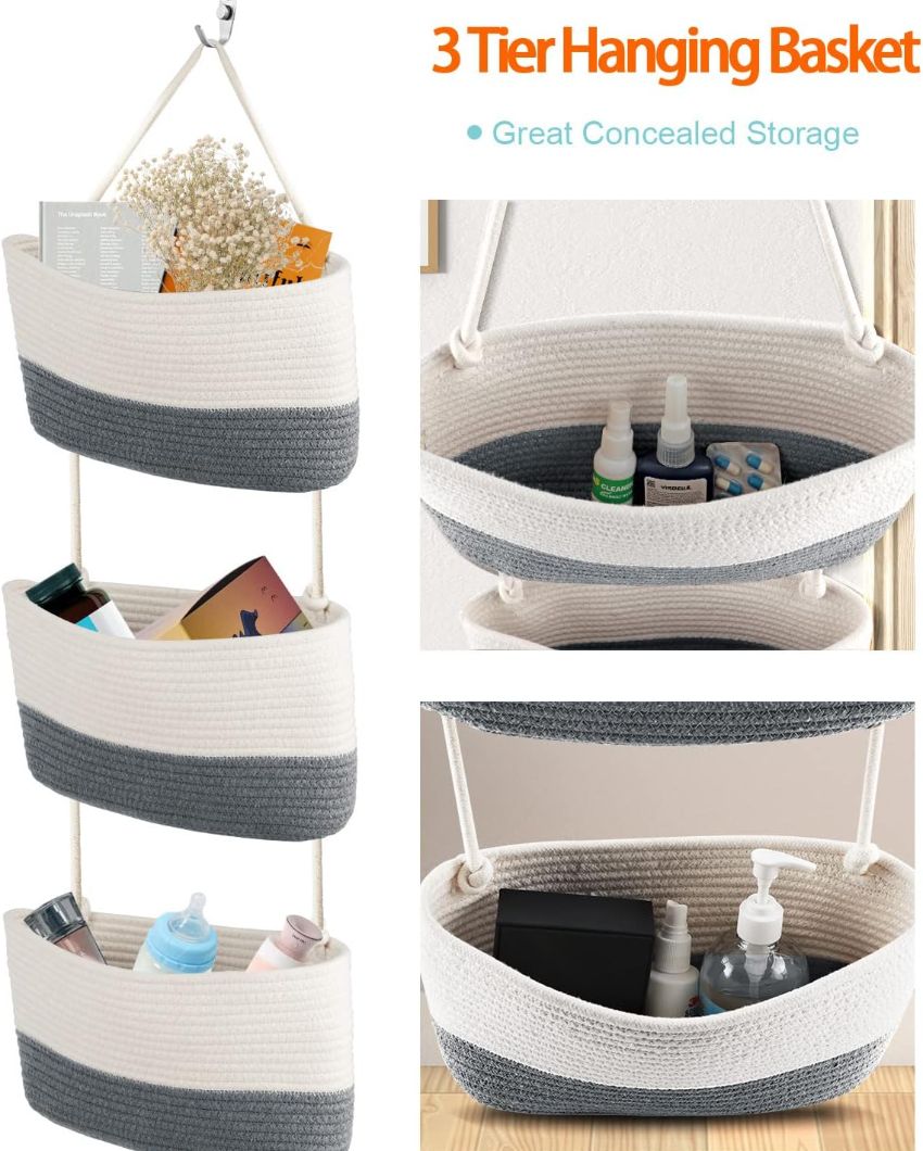 Vibrant and Practical 3-Tier Dual Color Hanging Cotton Storage Basket | 45 inches