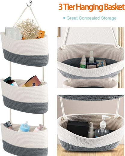 Vibrant and Practical 3-Tier Dual Color Hanging Cotton Storage Basket | 45 inches