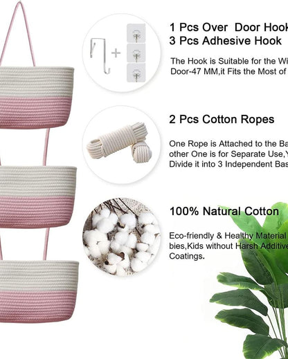 Sophisticated Storage Solution 3-Tier Dual Color Cotton Hanging Basket | 45 inches