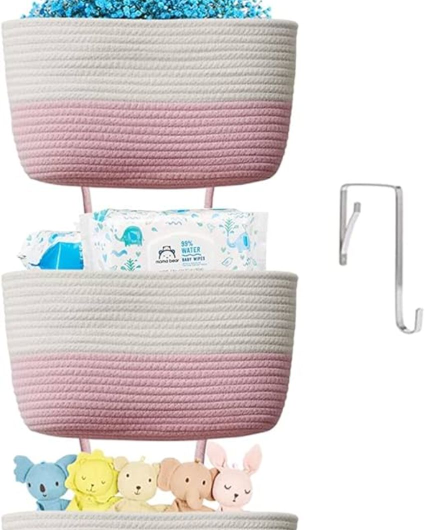 Sophisticated Storage Solution 3-Tier Dual Color Cotton Hanging Basket | 45 inches