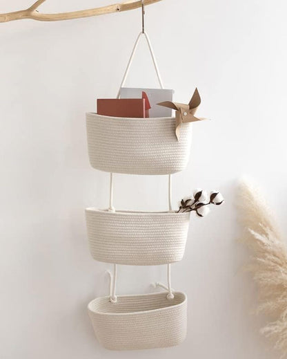 White Sleek 3-Tier Hanging Cotton Storage Basket | 45 inches