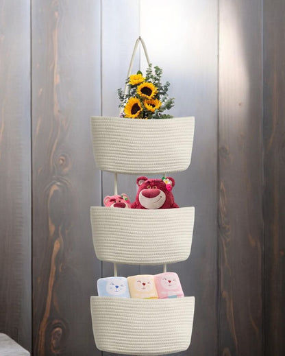 White Sleek 3-Tier Hanging Cotton Storage Basket | 45 inches