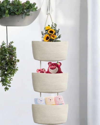 White Sleek 3-Tier Hanging Cotton Storage Basket | 45 inches