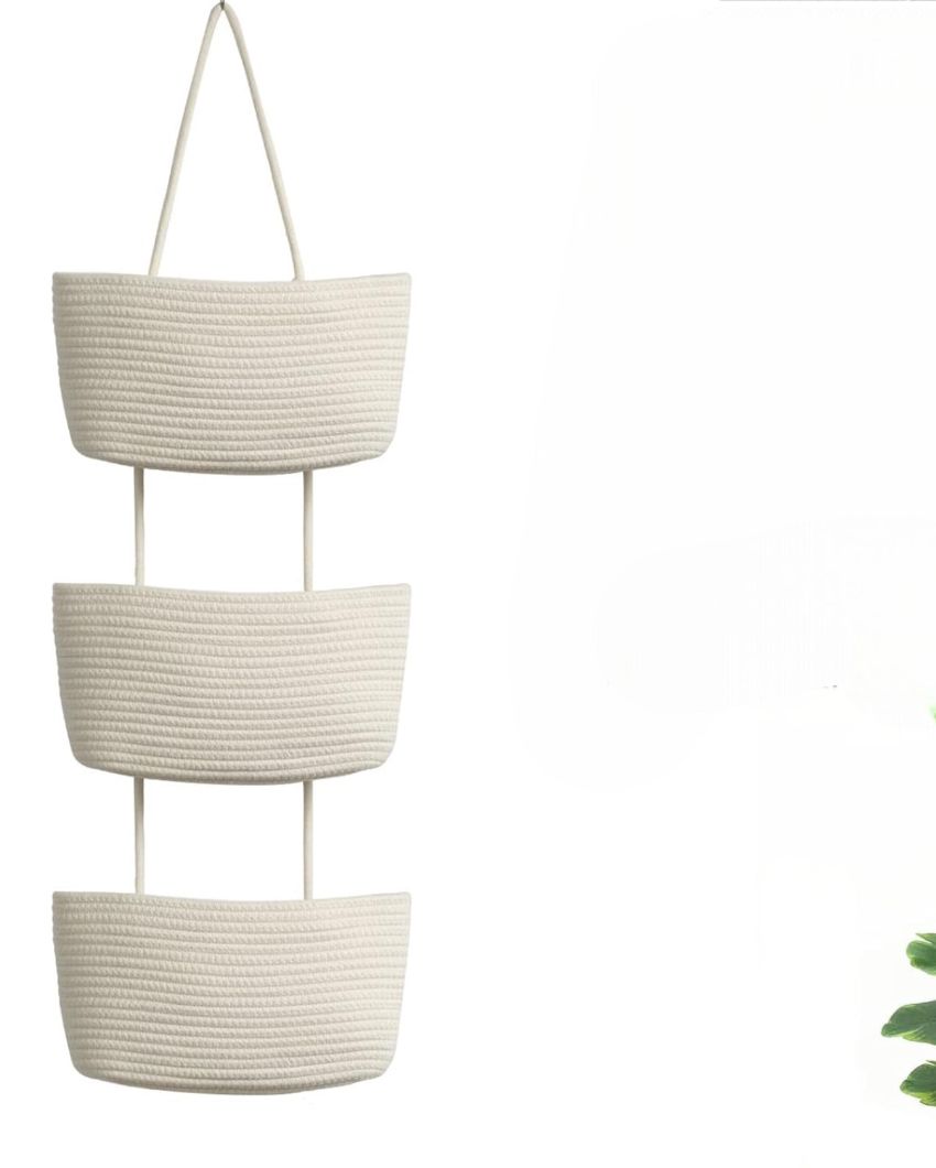 White Sleek 3-Tier Hanging Cotton Storage Basket | 45 inches