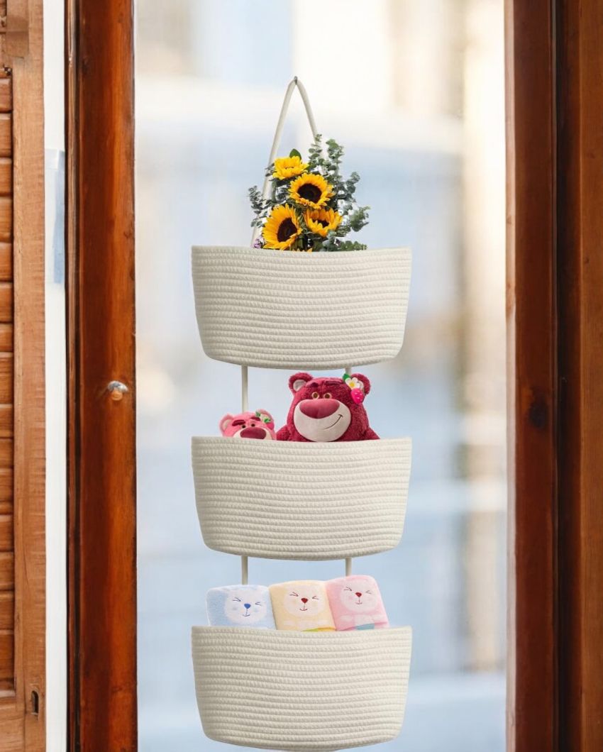 White Sleek 3-Tier Hanging Cotton Storage Basket | 45 inches