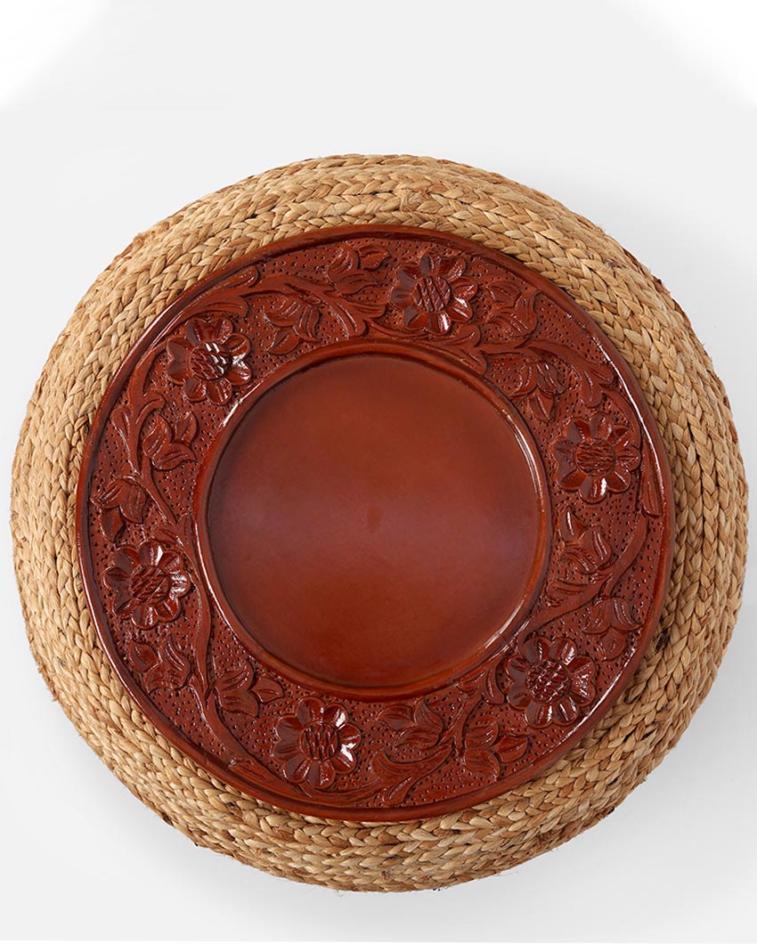 Honey Buzzard Brown Carved Wood & Jute Accent Stool | 16 x 10 inches
