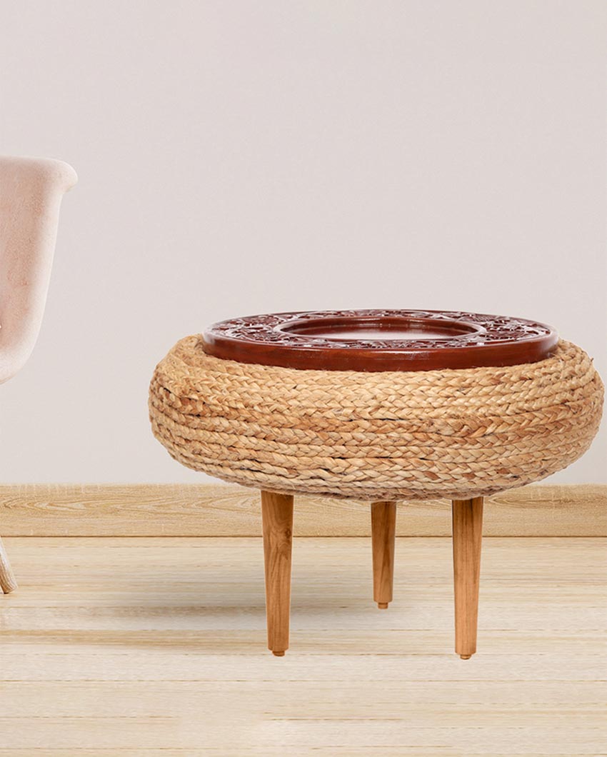 Honey Buzzard Brown Carved Wood & Jute Accent Stool | 16 x 10 inches