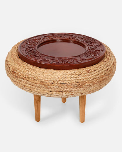 Honey Buzzard Brown Carved Wood & Jute Accent Stool | 16 x 10 inches