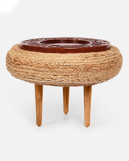 Honey Buzzard Brown Carved Wood & Jute Accent Stool | 16 x 10 inches