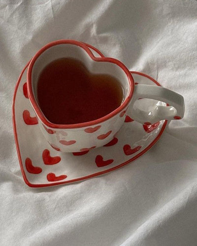 Sweet Red Heart Shaped Cup and Saucer Set | 3 x 4 inches