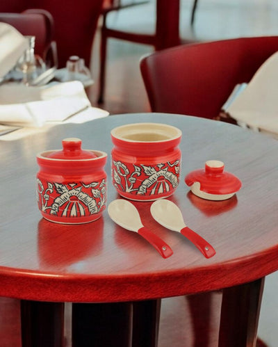 Multipurpose Ceramic Storage Barni Jars with Spoon Set | Pack of 4