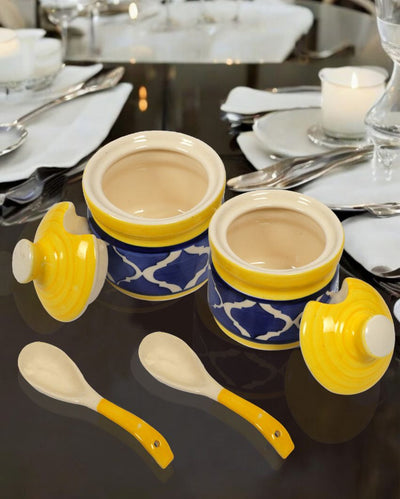 Yellow and Blue Ceramic Storage Barni Jars with Spoon Set | 4 Pieces