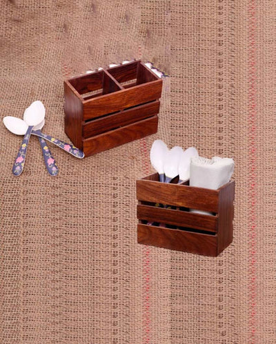 Rustic Wooden Cutlery & Napkin Holder | Set of 2 | 6 x 3 x 4 inches