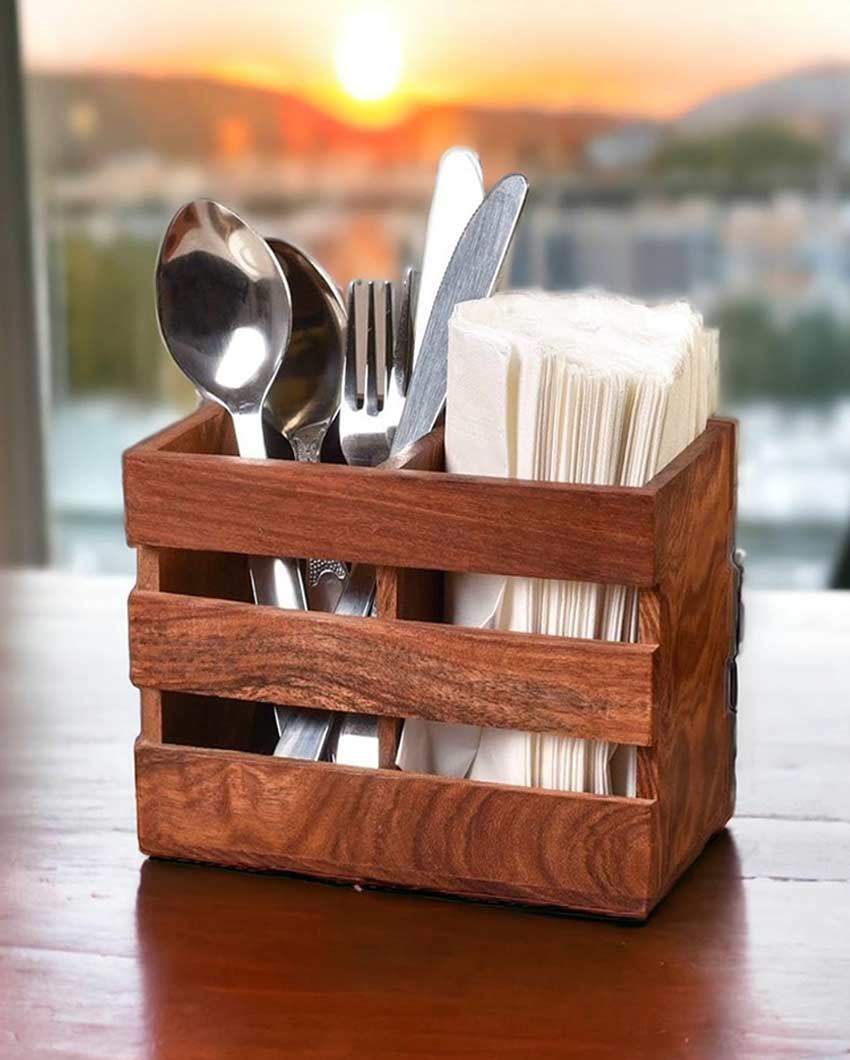 Rustic Wooden Cutlery & Napkin Holder | Set of 2 | 6 x 3 x 4 inches